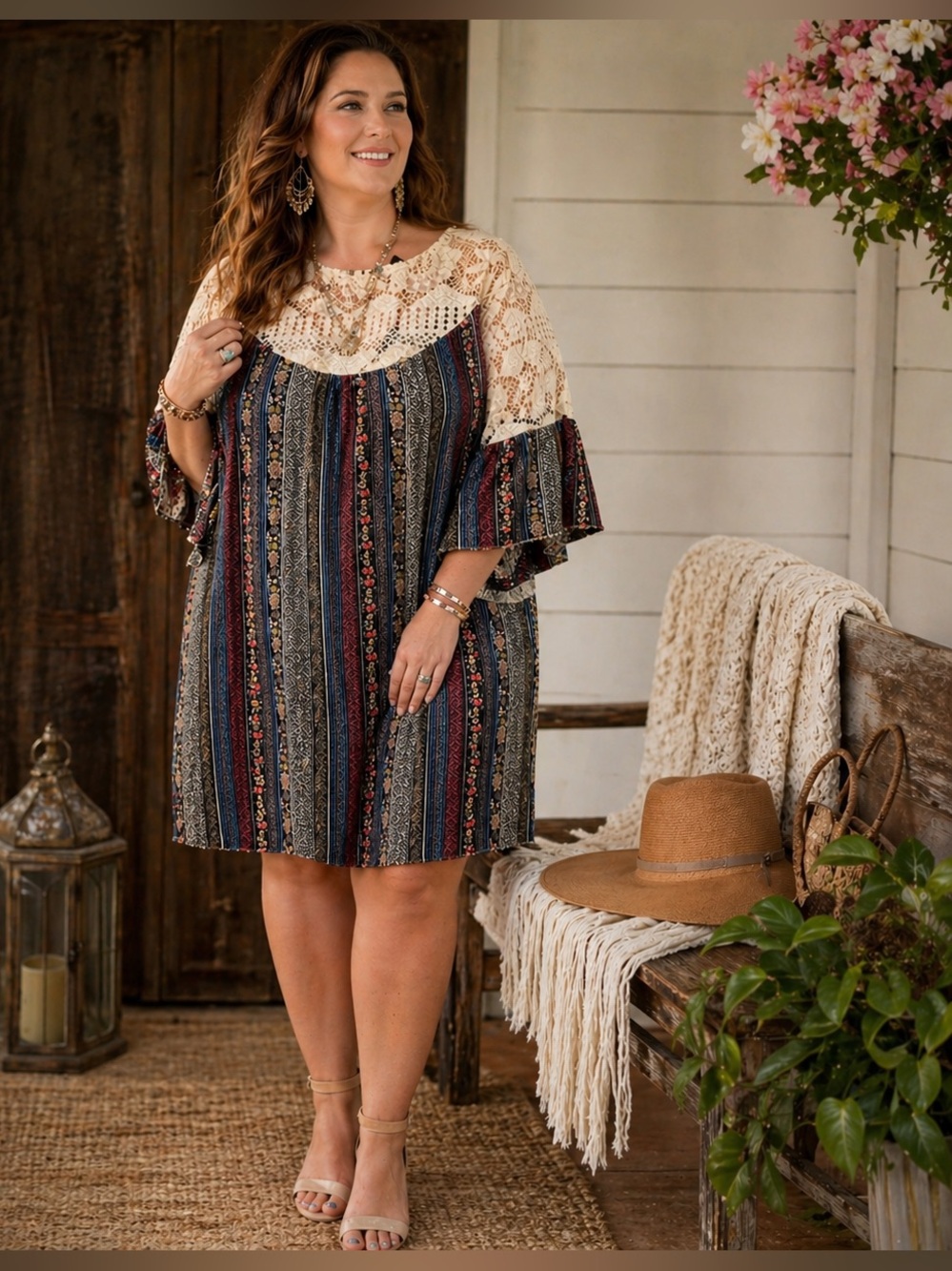 J. Glee 2X Boho Lace Yoke Dress Mixed Print Bell Sleeve Plus Size